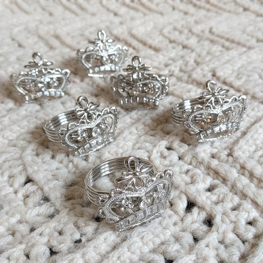 Silver Crown Napkin Rings Set of 6 Rhinestone Tiara Princess Table Decor